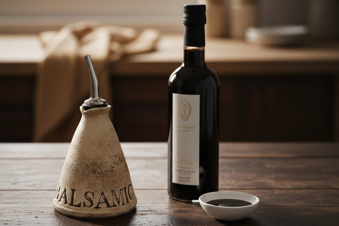 Ceramic oil bottle with a metallic nozzle on a green background