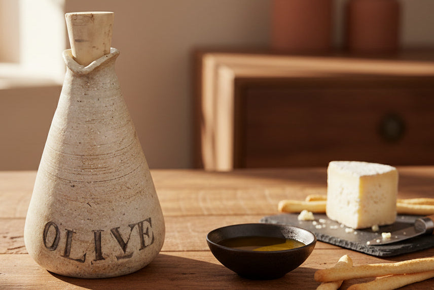 Ancient olive oil amphora with 'OLEVA' inscription on a cream background